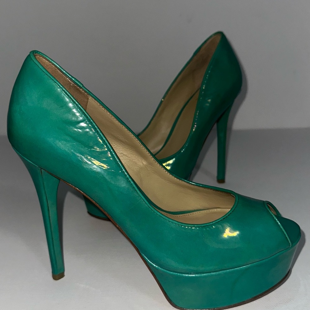 Iconic Y2K Turquoise teal Aqua Green Shiny Paten leather B Brian Atwood Pumps - Picture 5 of 8